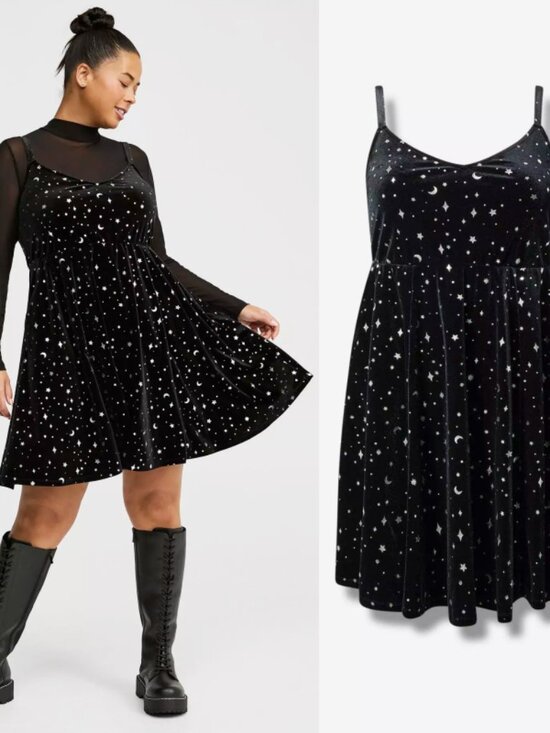 NWT Torrid 1 Black Stargazer Mini Velvet Foil Print Sleeveless Dress 1X 14 16 - Picture 1 of 13